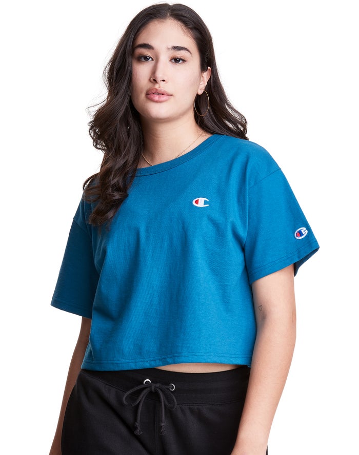 Champion Heritage Cropped C Logo T-Shirt Dames - Blauw - Belgie 5483LMKNY